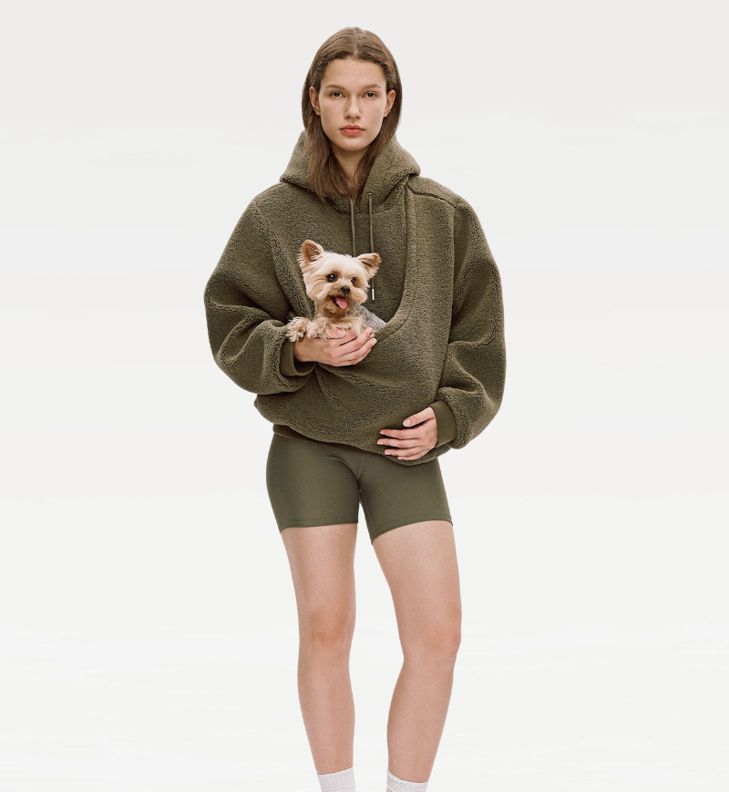 Unisex Fleece Hoodie with Built-In Kangaroo Pouch Dog Carrier in Olive