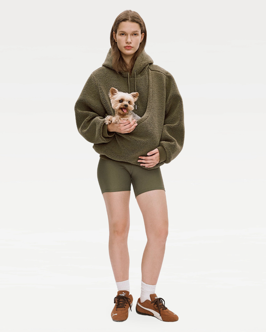 Unisex Fleece Hoodie with Built-In Kangaroo Pouch Dog Carrier in Olive