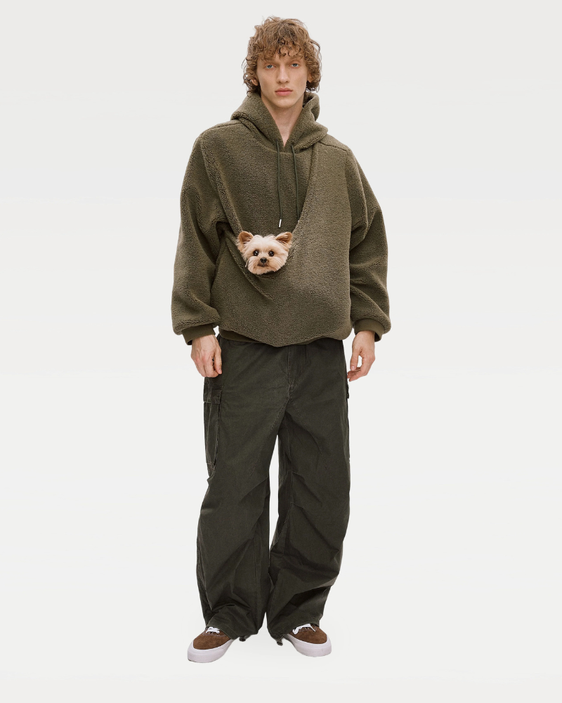 Unisex Fleece Hoodie with Built-In Kangaroo Pouch Dog Carrier in Olive
