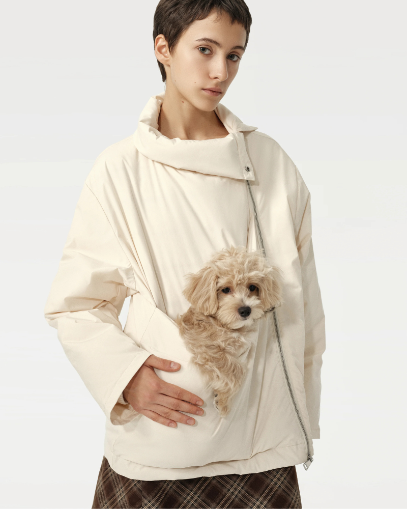 Unisex Asymmetric Puffer Jacket with Built-In Kangaroo Dog Pouch Carrier