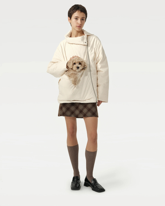 Unisex Asymmetric Puffer Jacket with Built-In Kangaroo Dog Pouch Carrier